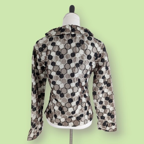 Samuel Dong Womens Circle Pattern Ruffle Blazer Jacker Brown White Black S - Picture 2 of 5